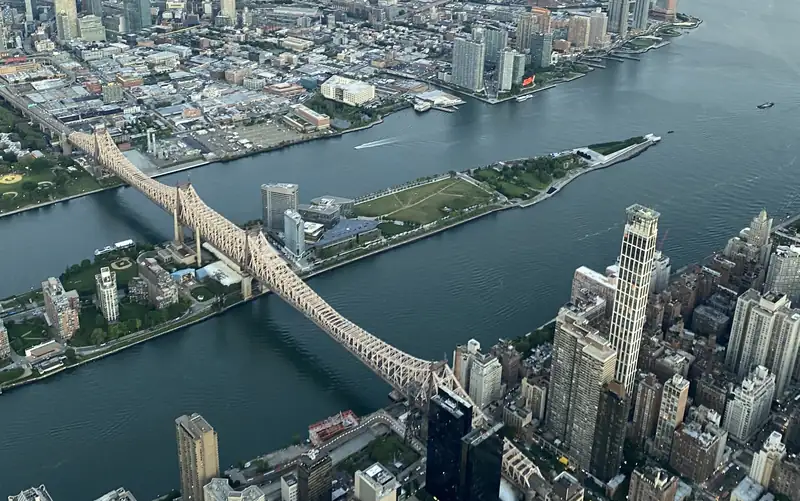 The Queensboro Bridge, Roosevelt Island and the East River from above
